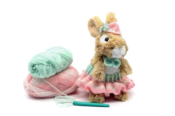 Easter bunny with crochet clothes on white isolated  background — Stock Photo, Image