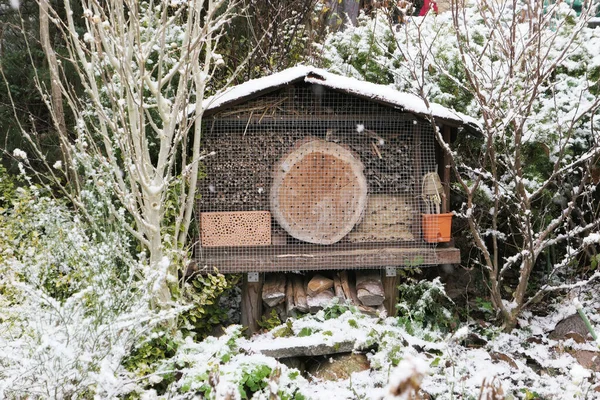 Insect hotel in winter time. snowing. Bug shelter