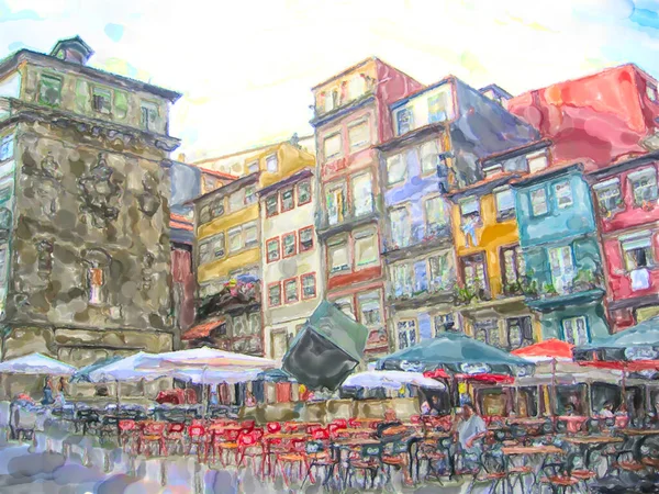 Cityscape Porto Portugalsku Restaurací Venku Tradičních Domů Ilustrace Barvy Vody — Stock fotografie