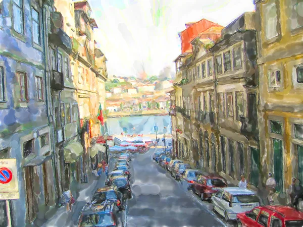 Paesaggio Urbano Porto Portoghese Con Strada Case Tradizionali Illustrazione Acquerello — Foto Stock