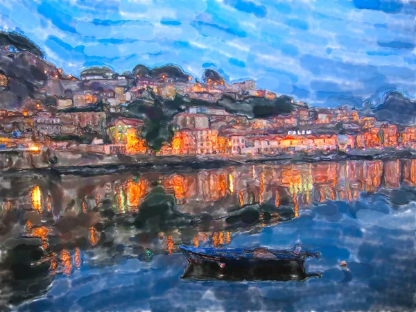 Stadsbilden Porto Portugal Med Dourofloden Och Båtar Skymning Akvarell Illustration — Stockfoto