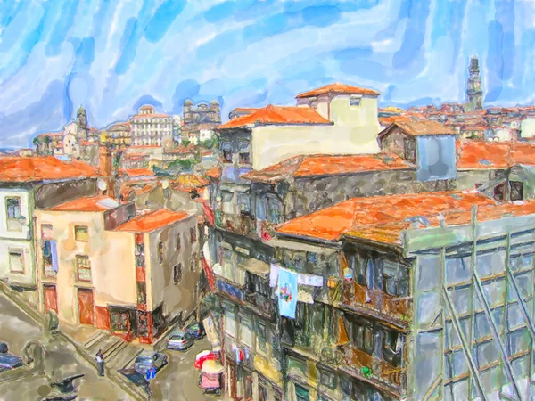 Stadsbild Porto Portugal Med Gata Och Traditionella Hus Akvarell Illustration — Stockfoto