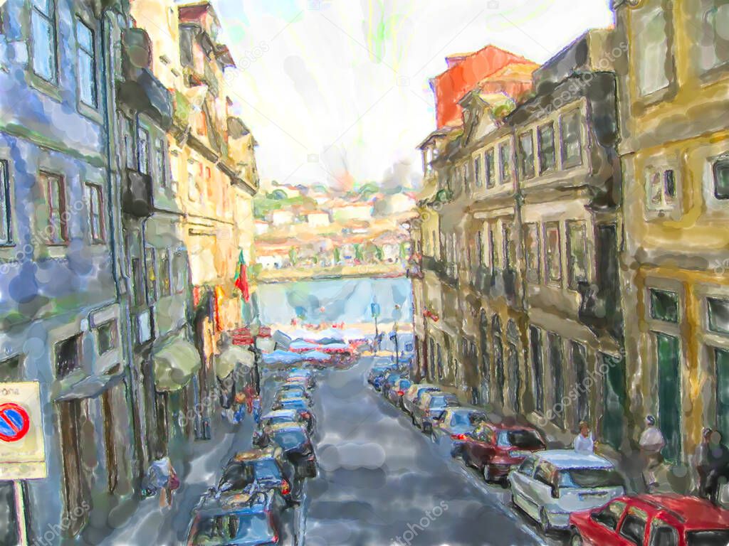 Cityscape of Porto in portugal with street and traditional houses. water color illustration.