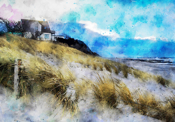 Digital illustration of storm clouds over baltic sea. house in the sand dunes. Darss peninsula with village Ahrenshoop. Water color
