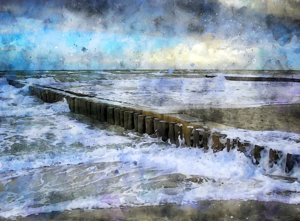 Digital Illustration Baltiska Havskusten Med Storm Moln Och Vågor Strandlandskap — Stockfoto
