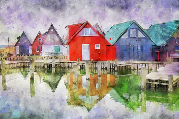 Digital Illustration Baltiska Havet Båtar Hus Byn Ahrenshop Darss Halvön — Stockfoto