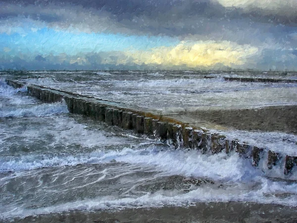 Stormväder Vid Baltiska Havskusten Vid Darss Halvön Tyskland Oljeillustration — Stockfoto