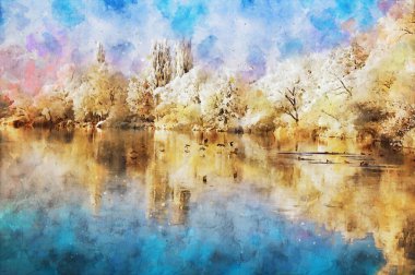 Havel Nehri kış manzarasının suluboya resmi. Karlı. Sudaki kuşlar. Havelland.