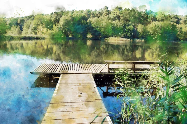 Aquarela Pintura Piere Água Lago Brandemburgo Alemanha Floresta Fundo — Fotografia de Stock