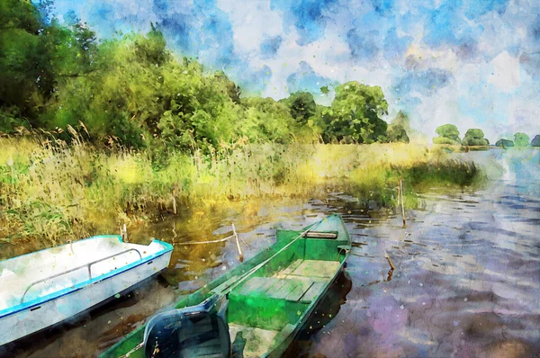 Pintura Aquarela Barcos Pesca Lago Hohennauener Região Havelland Alemanha Junco — Fotografia de Stock