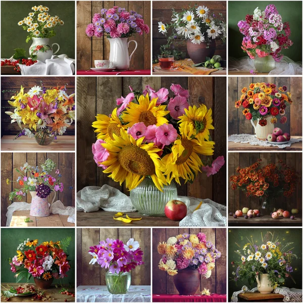 Collage aus Stillleben mit Blumensträußen — Stockfoto