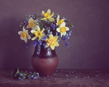 Buket narcissuses ve korun. Vintage filtre.