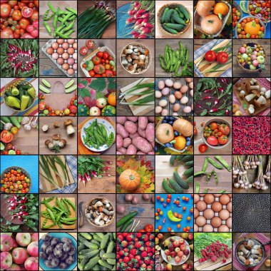 Ürünleri ile fotoğraf kolaj, üstten görünüm.