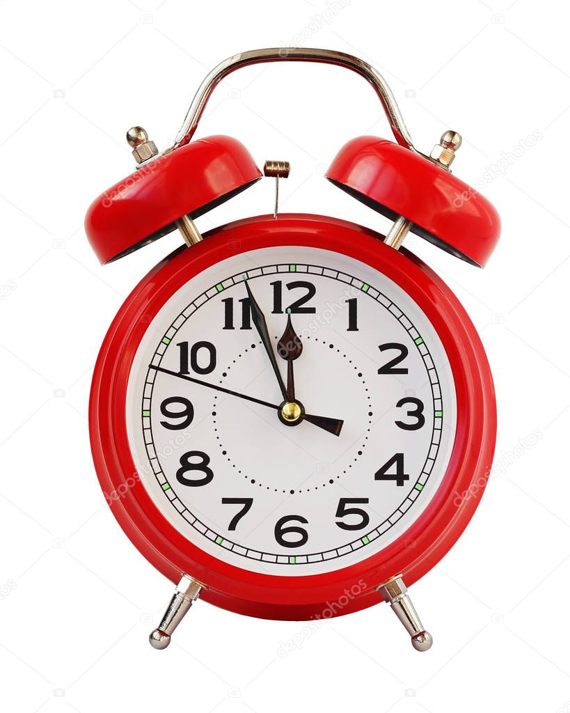 Red retro alarm clock at twelve o'clock, isolate.