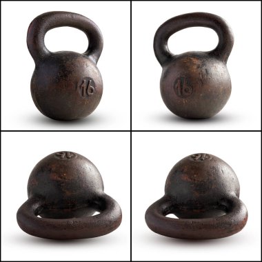 Eski kettlebell, beyaz arka plan üzerinde izole 16 kg.
