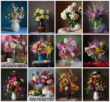Set for a calendar of twelve still lifes with flowers. clipart