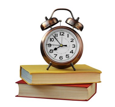 çalar saat ve üzerinde beyaz izole kitap