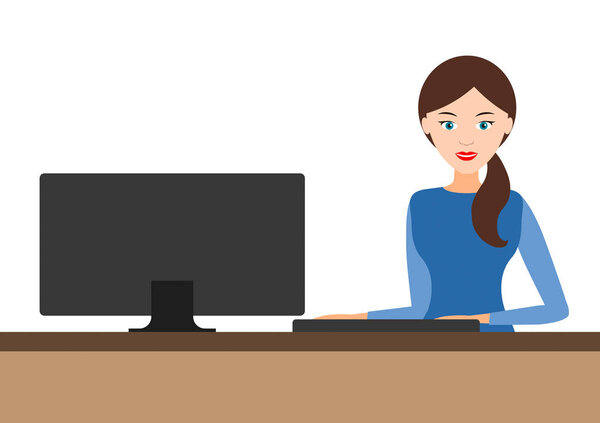 girl behind the computer. vector icon.