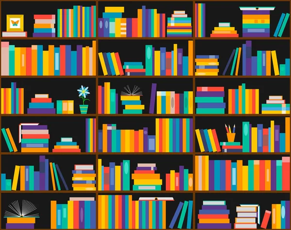 Boeken op de planken, naadloze patroon. Boekenkast, bibliotheek. — Stockvector