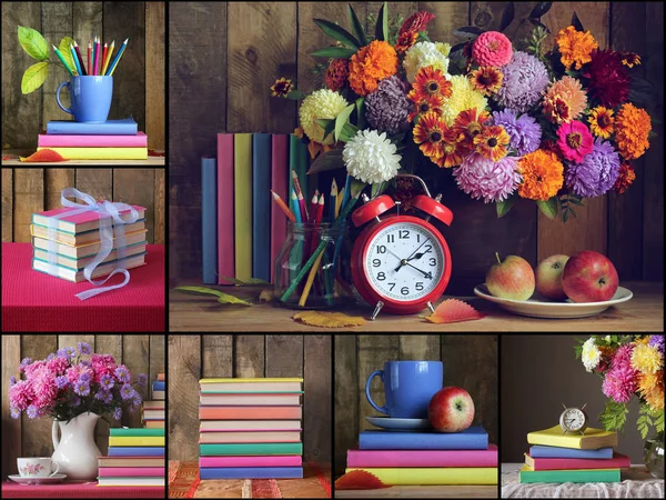 Bodegón con libros y bouquet. Regreso a la escuela . — Foto de Stock