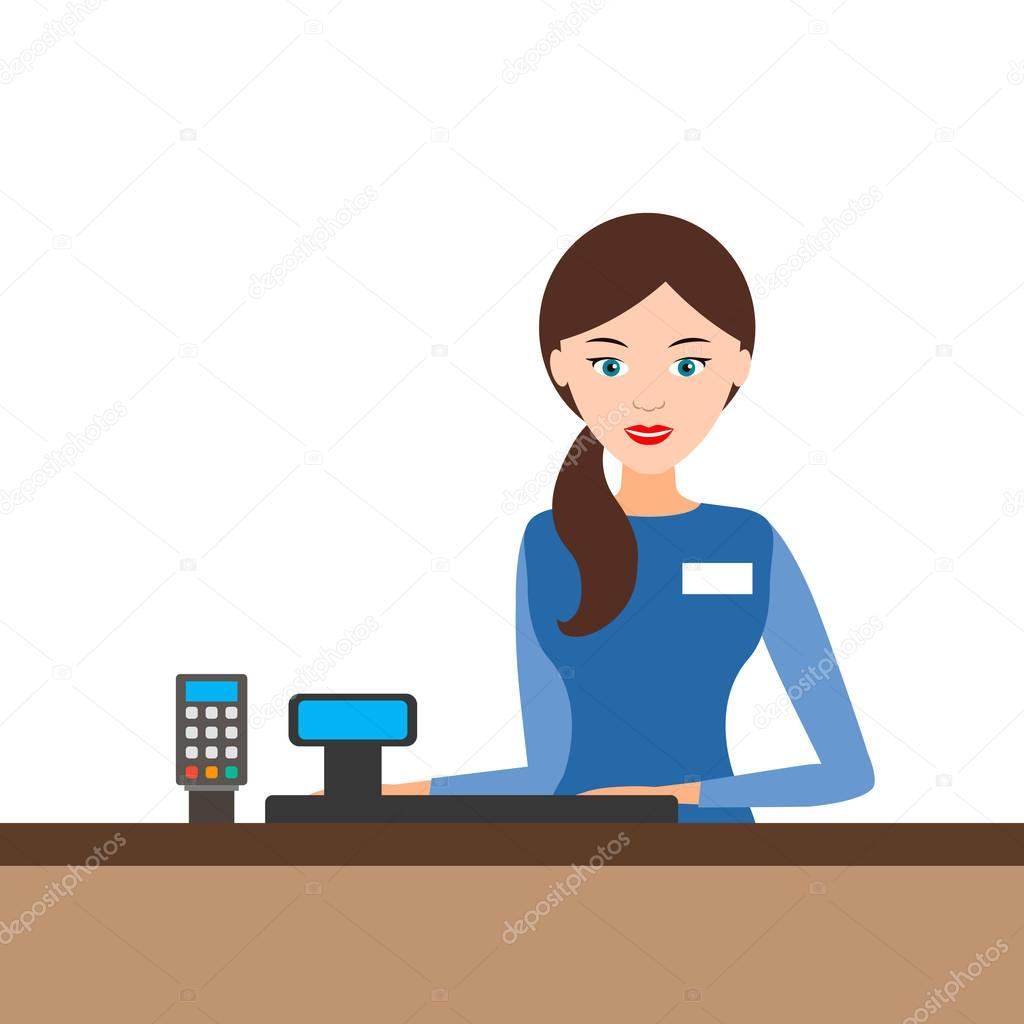 young cashier girl behind the cash register, vector.
