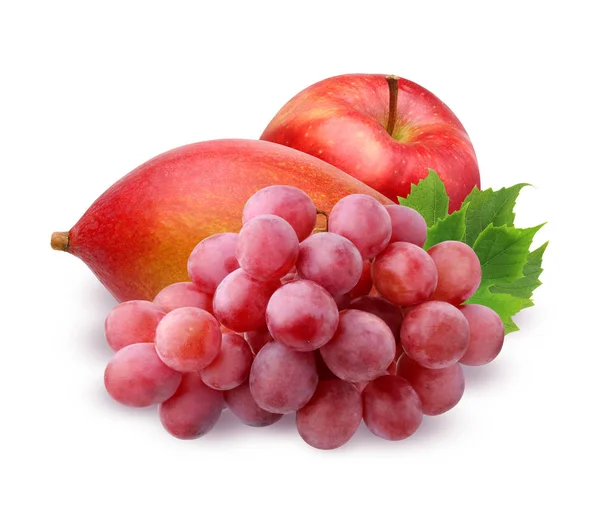 红苹果、 成熟的芒果和孤立的白色背景上的葡萄 — 图库照片