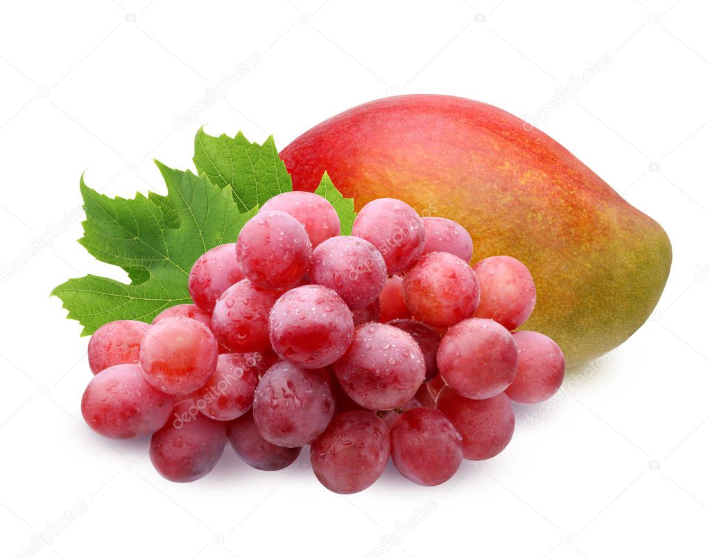 ripe mango and grapes  isolated on white background