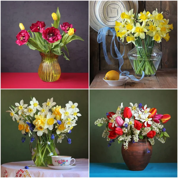 Vidas tranquilas com buquês de narcisos e tulipas — Fotografia de Stock