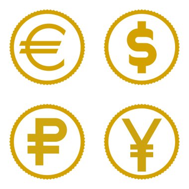madeni para Icon set. Euro, dolar, Rublesi, yen. vektör 