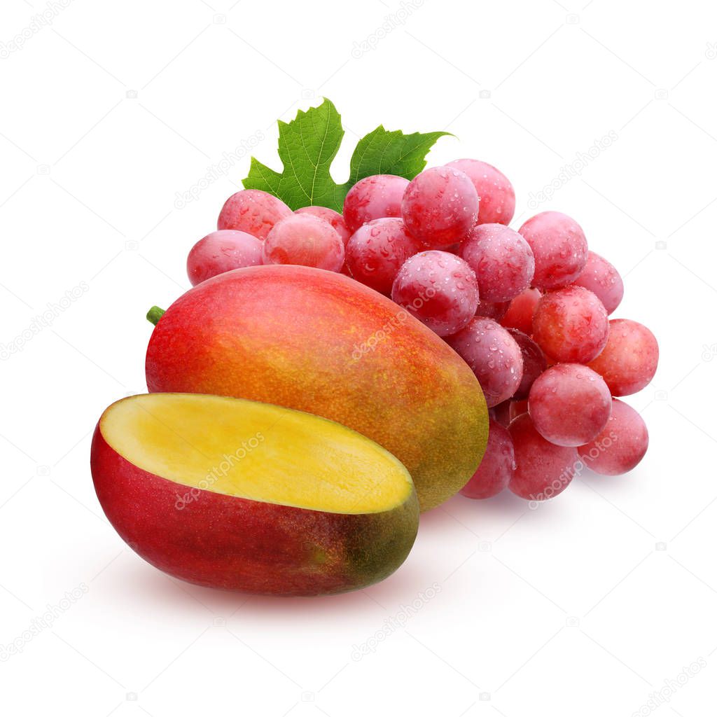 Mango and grapes isolated on white background.