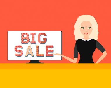 Büyük satış. Kız Puan bir bilgisayar ekranında, vektör.