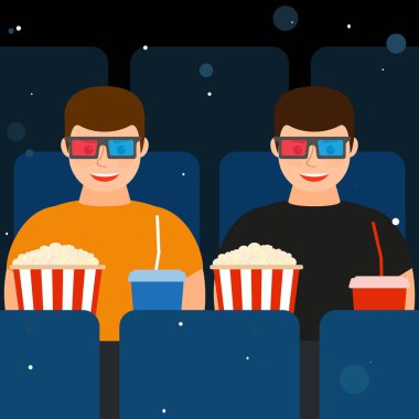 Patlamış mısır ve içecekler ile 3d gözlük sinemada iki adam. 