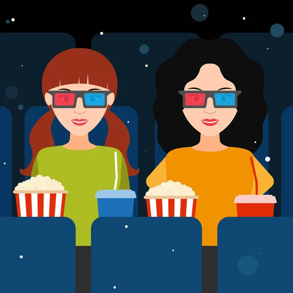 Дві дівчини в кінотеатрі в 3D окулярах. Векторні . — стоковий вектор