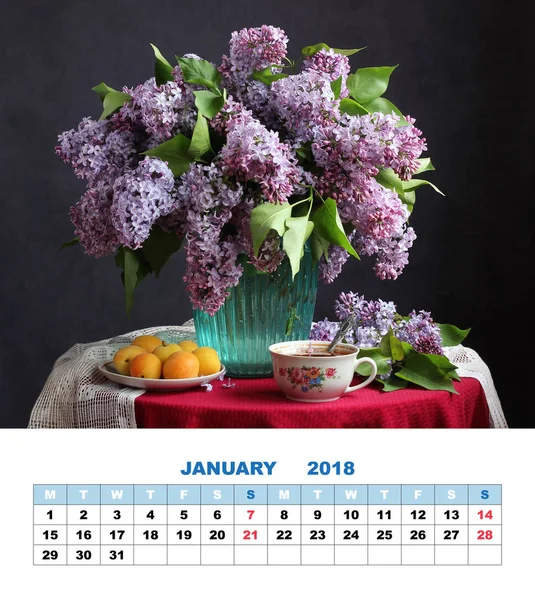 Projekt kalendarza stronę stycznia 2018 r. bukiet bzu. — Zdjęcie stockowe