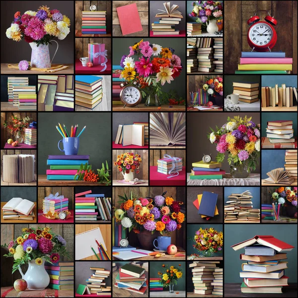 学校に戻る本と花束と写真のコラージュ. — ストック写真
