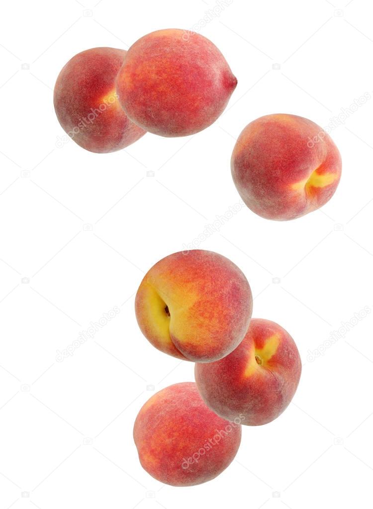Falling Peaches, isolated on white background.