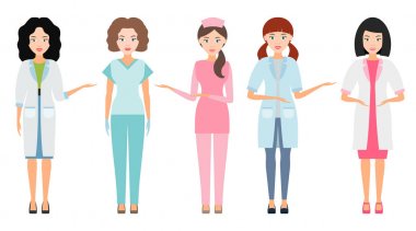 Hemşire veya kadın doktor, tıbbi çalışanlar üzerinde beyaz bir arka izole