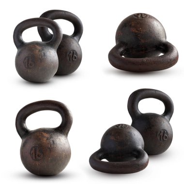 Eski dökme demir kettlebell beyaz arka plan üzerinde 16 kg