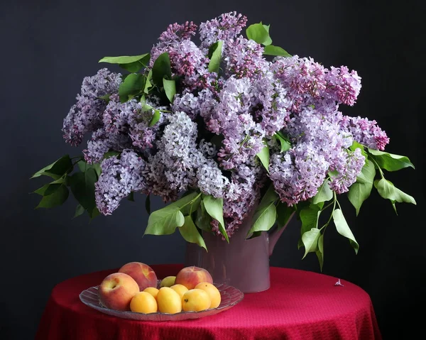 Lila syren i vas och frukt. — Stockfoto