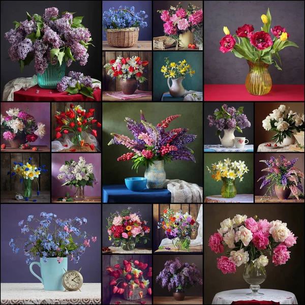 Flores en un jarrón. Collage de flores de primavera . —  Fotos de Stock