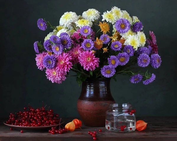 Stillleben mit Chrysanthemen und Astern. — Stockfoto