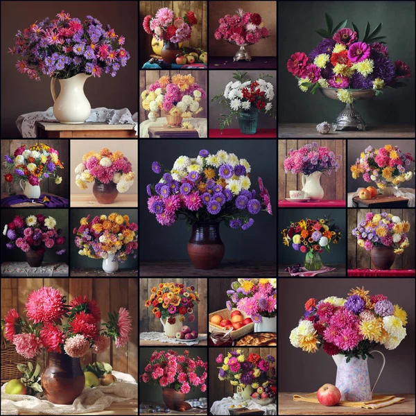 Collage. Astern und Chrysanthemen. Blumen in einer Vase. — Stockfoto