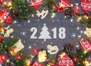 2018 yeni yıl. Noel süslemeleri ile şenlikli arka plan ve