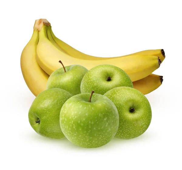 Green apples and a bunch of bananas on white background. — Stock Photo, Image
