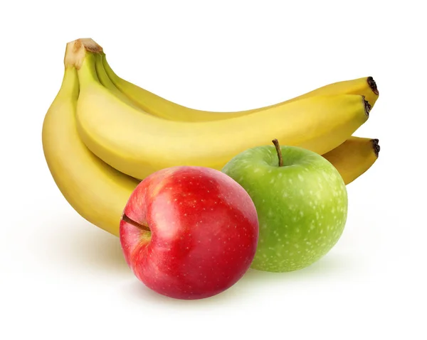 Bando de bananas e duas maçãs, isoladas sobre um fundo branco . — Fotografia de Stock