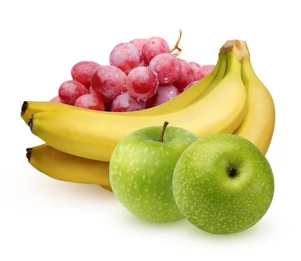 Ramo de uvas rojas, plátanos y manzanas verdes sobre un fondo blanco — Foto de Stock