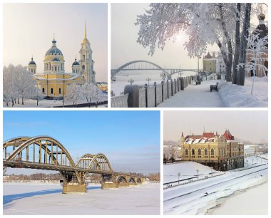 Rybinsk, Rusya Federasyonu şehir manzaraları. Kolaj. Kış.