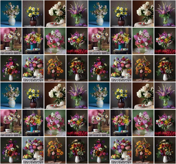Naadloze patroon met boeketten van tuin bloemen in een vaas. — Stockfoto