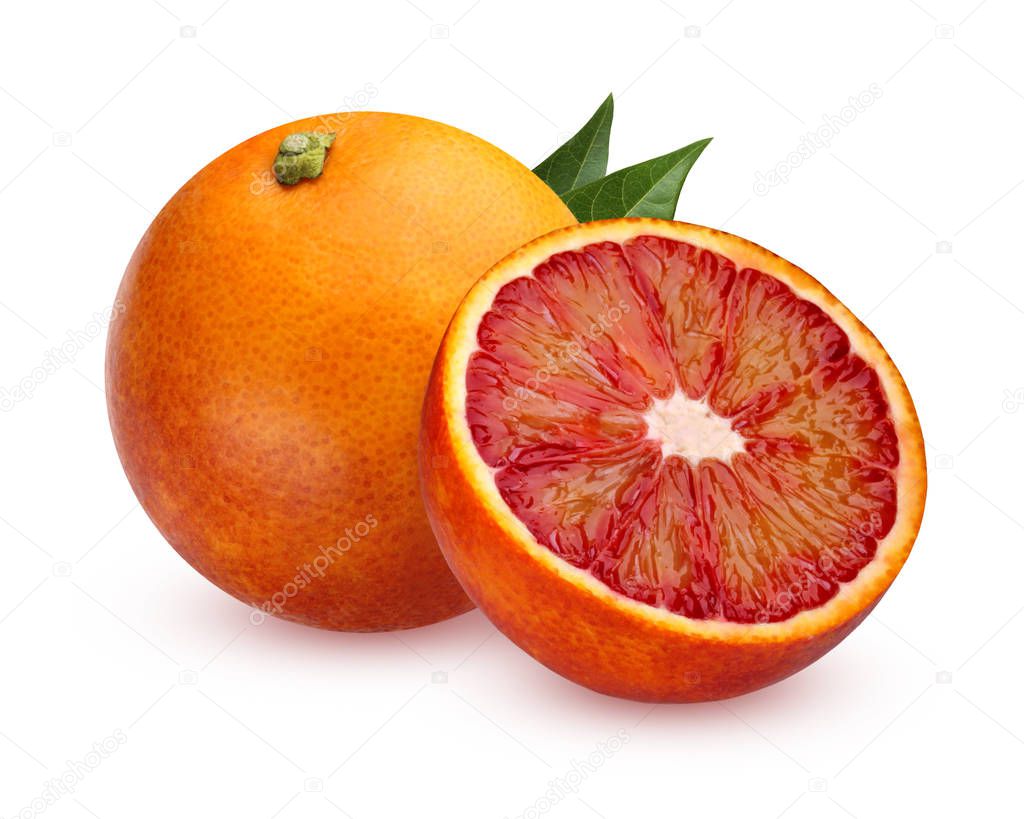 One whole red blood oranges and half isolated on white backgroun