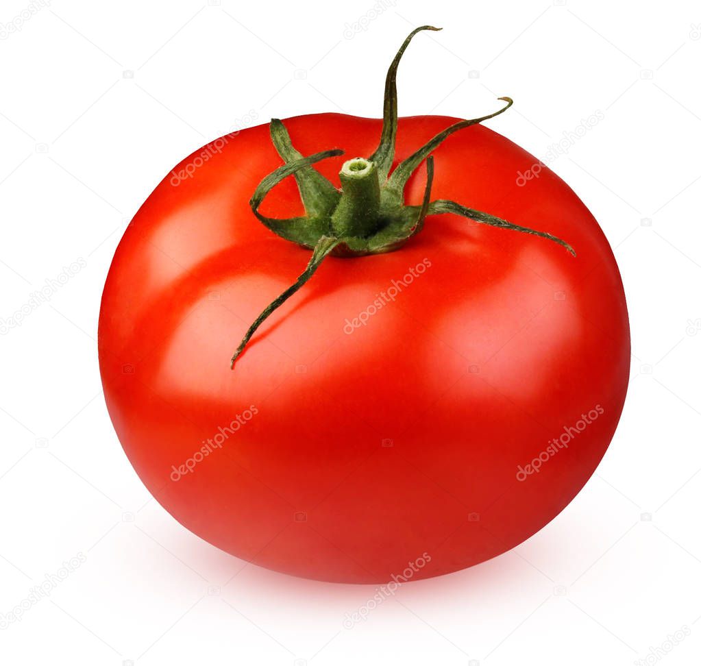 One whole tomato, isolated on a white background.